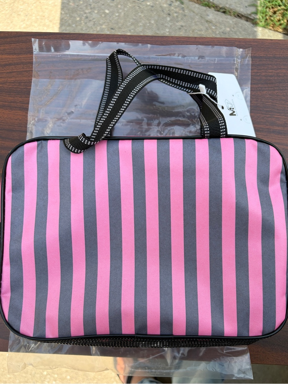 MKS America Pink Stripe Waterproof Shower Bag Mesh Toiletry Organizer